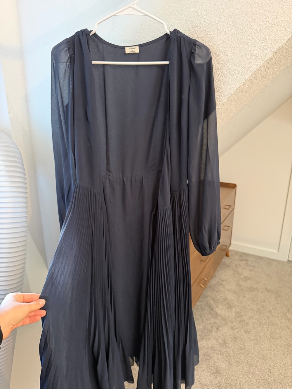Aritzia Navy Long-Sleeve Pleated Midi Dress